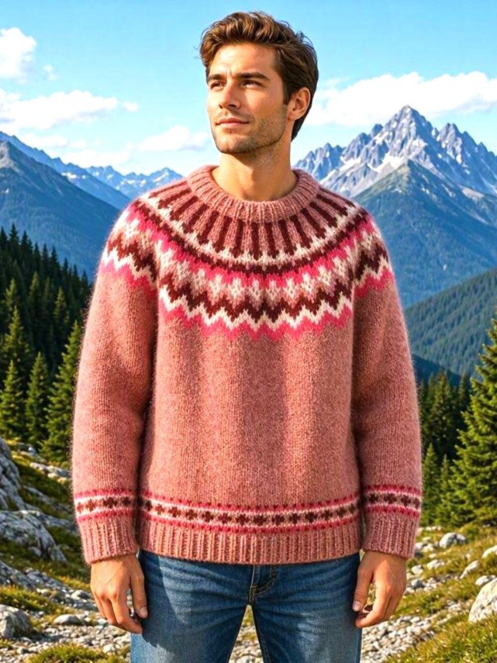 Handknit Icelandic traditional pattern, heavy wool sweater Iceland winter, L